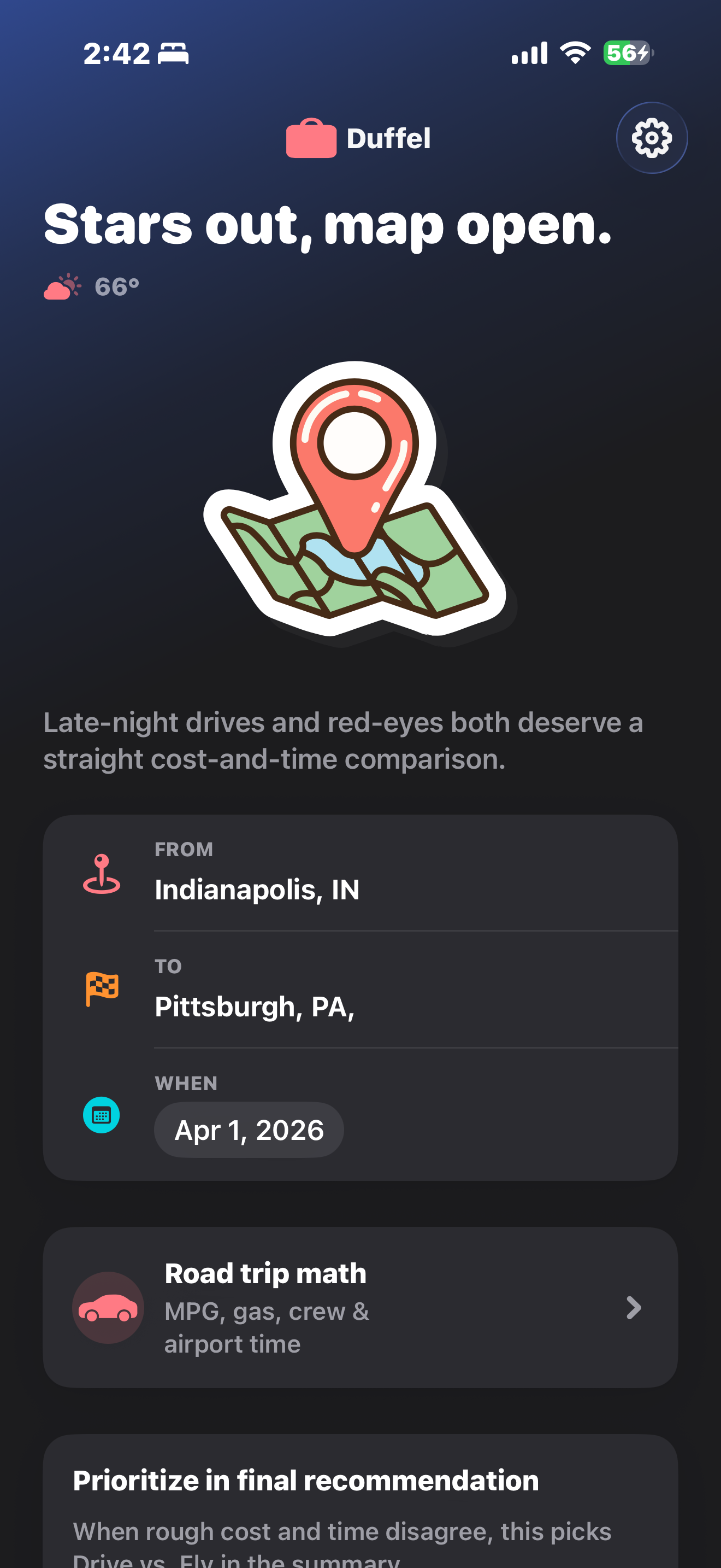 Duffel home screen with hero headline, weather, map illustration, and trip fields for Indianapolis to Pittsburgh.