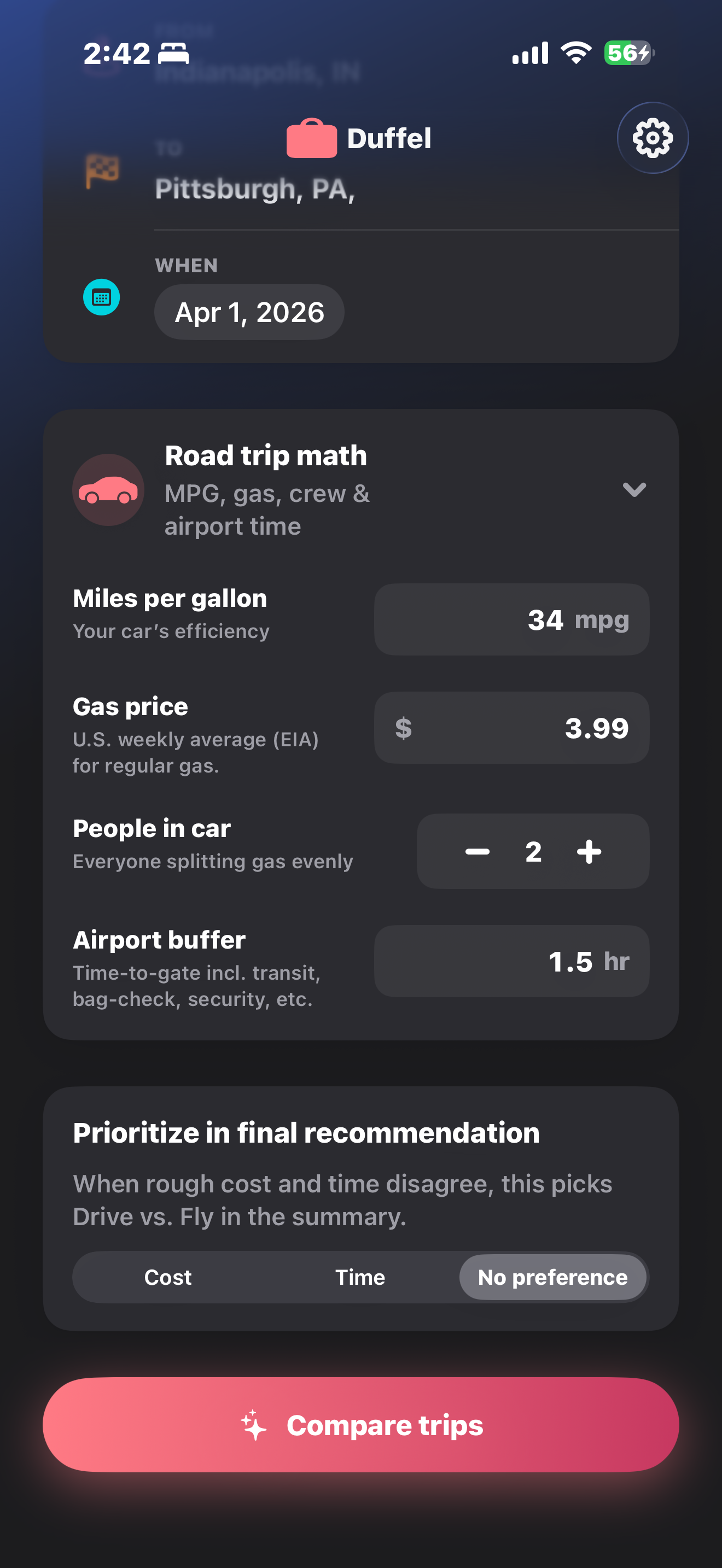 Road trip math card with MPG, gas price, people in car, airport buffer, and Compare trips button.