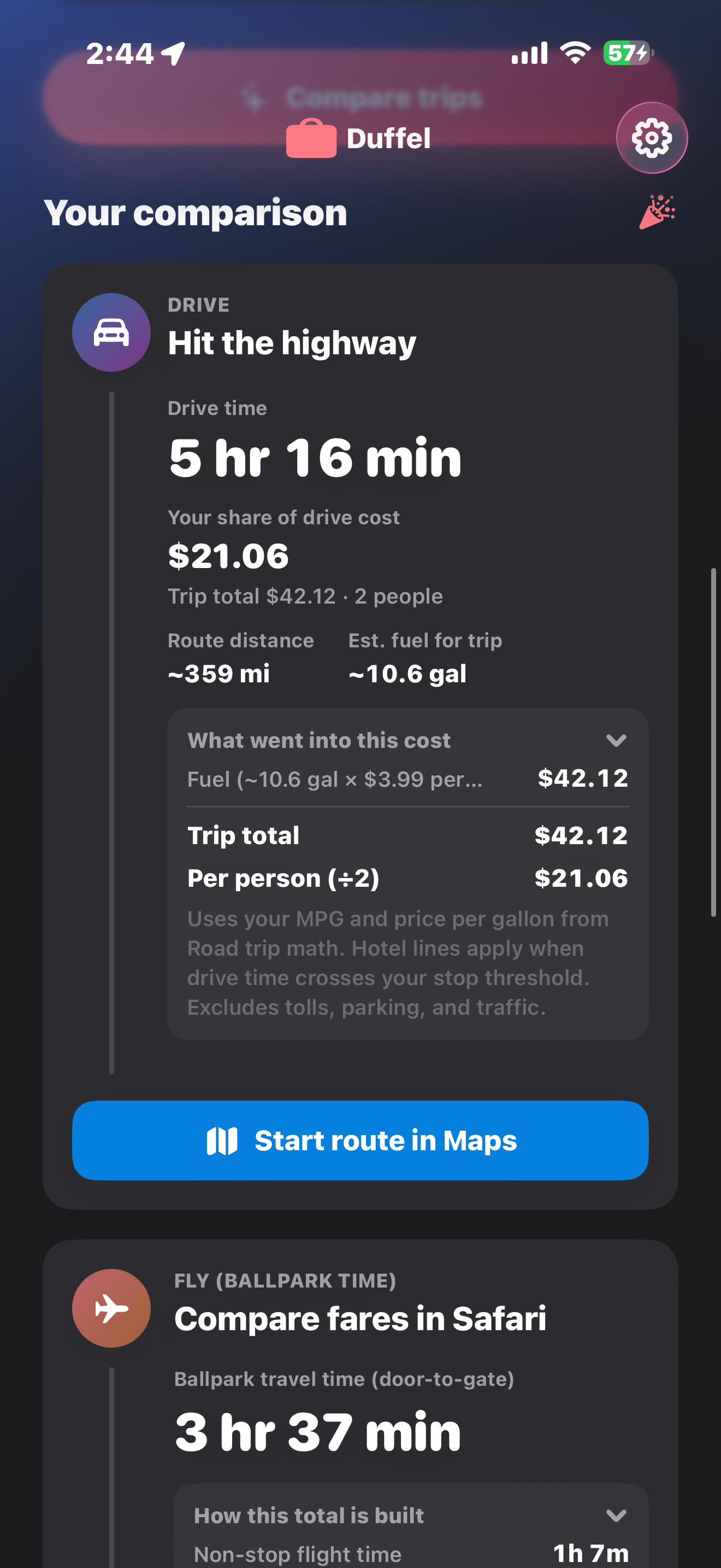 Drive comparison card with expanded cost breakdown and Start route in Maps button.