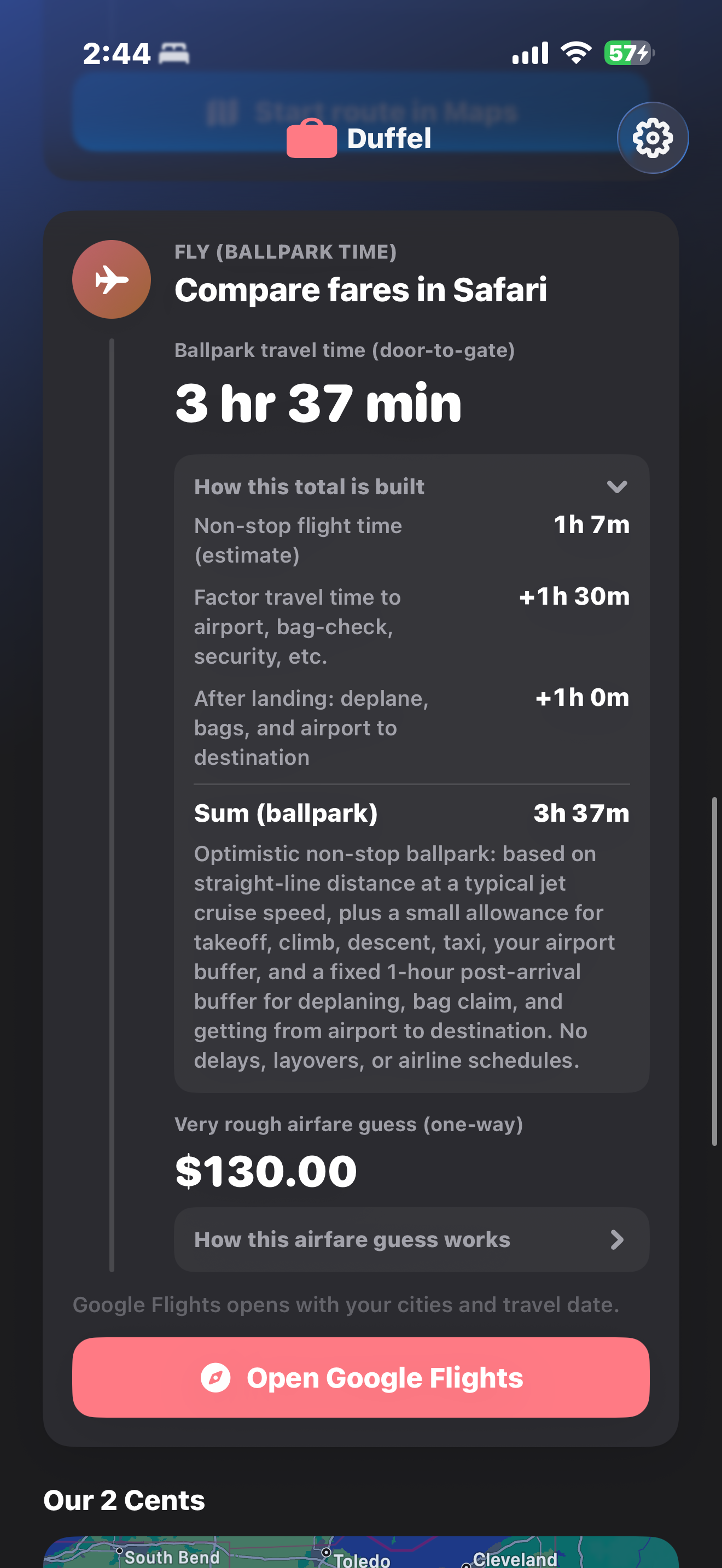 Fly card with ballpark time breakdown and Open Google Flights button.