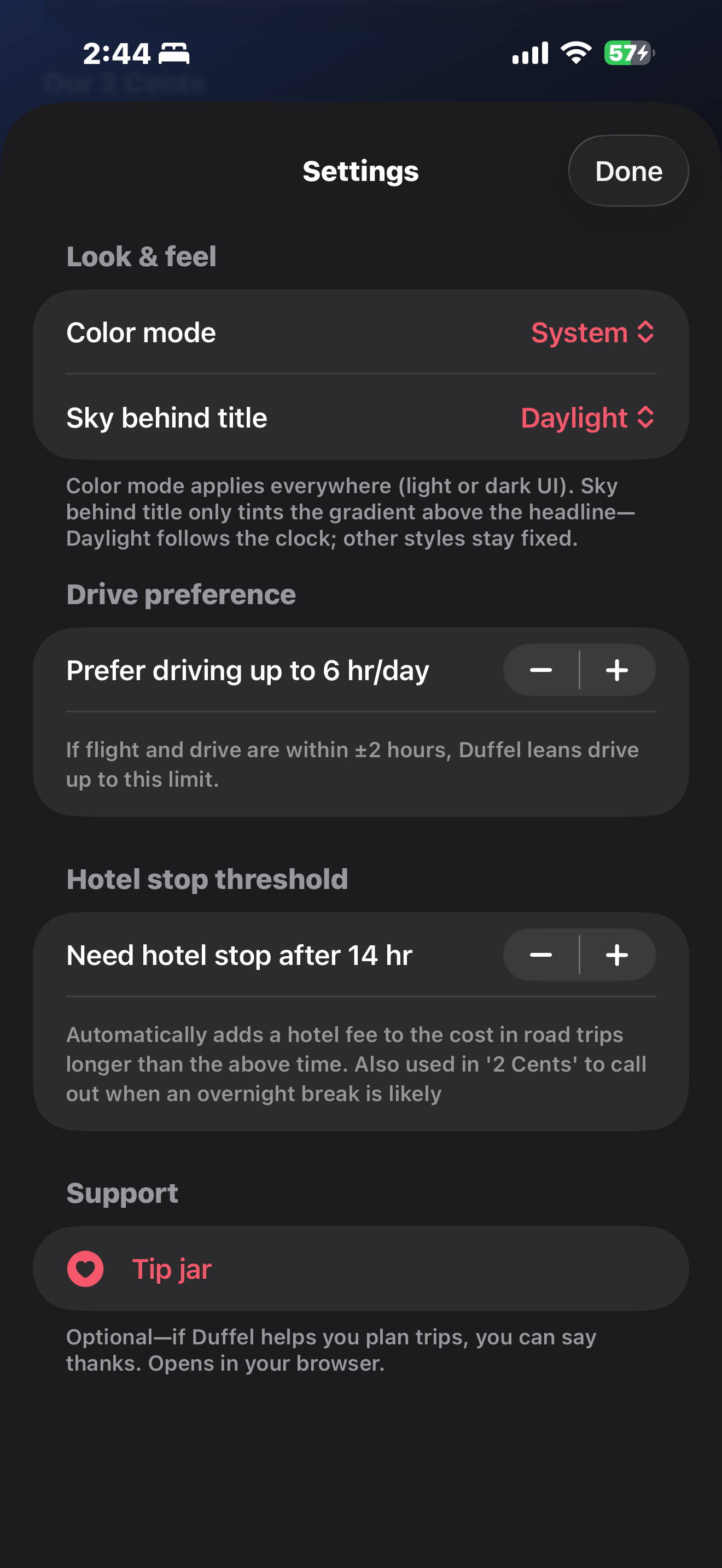 Settings with color mode, sky gradient, drive preferences, and tip jar.